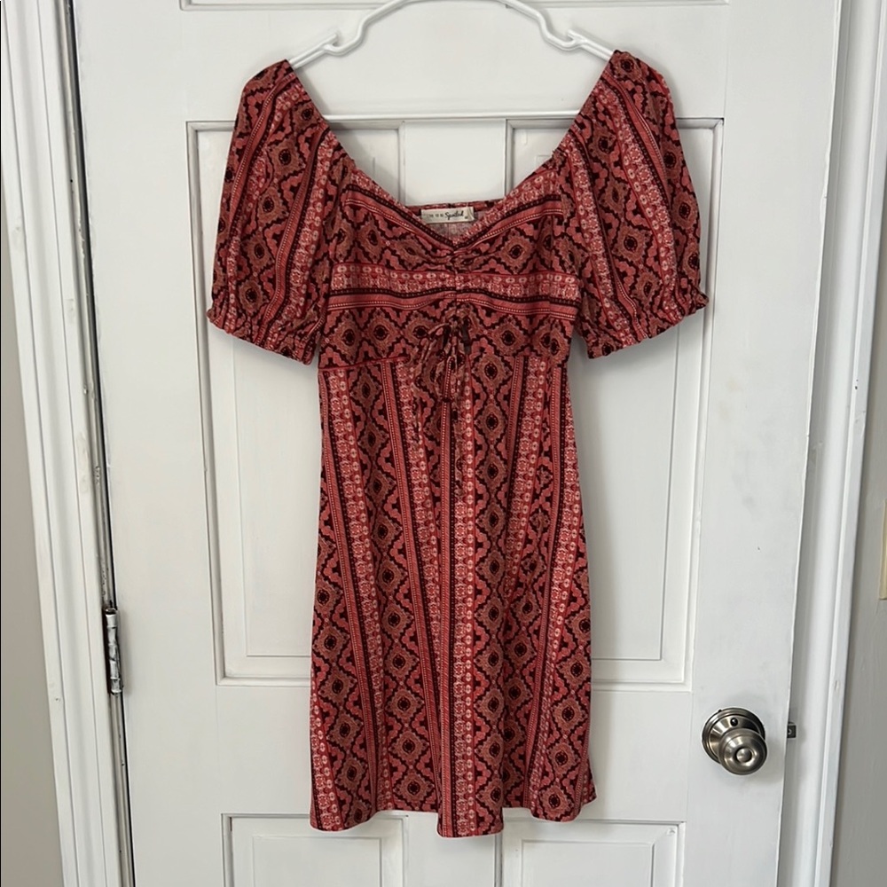 Red Puff Sleeve Scoop Neck Midi Sundress